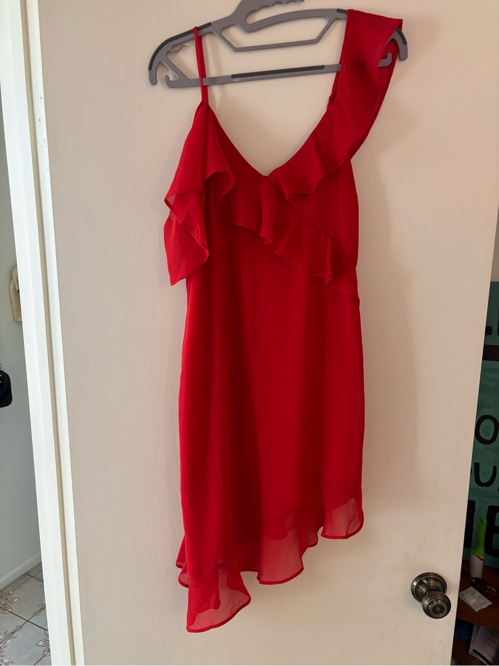 Bardot Red One-Shoulder Ruffle Shift Dress